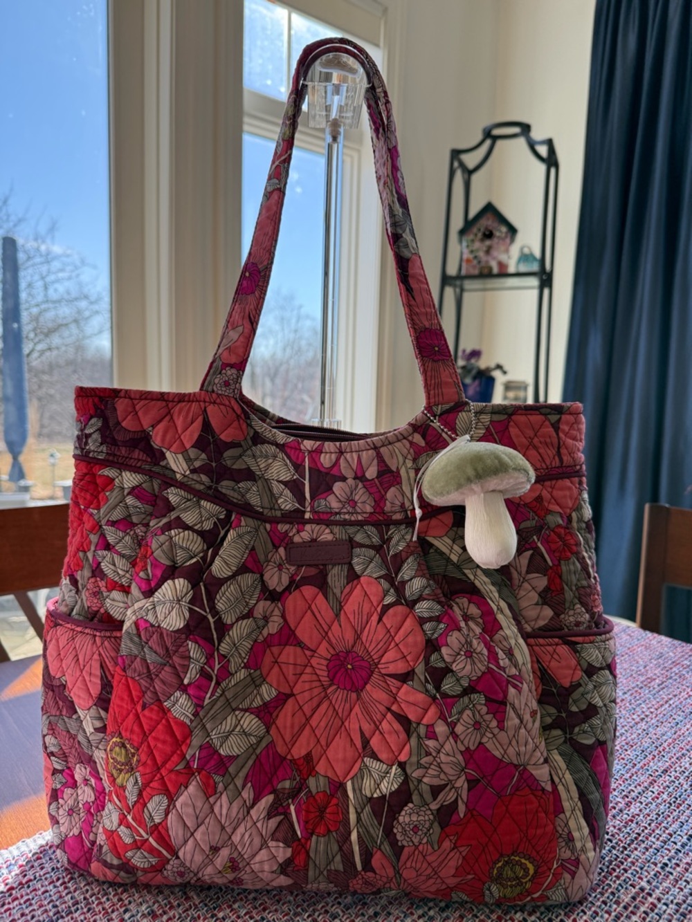 Vintage Vera Bradley tote bag in Bohemian Blooms Pattern with mushroom charm